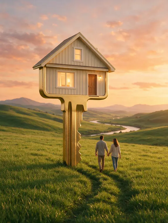 3D architectural render: key unlocks the house